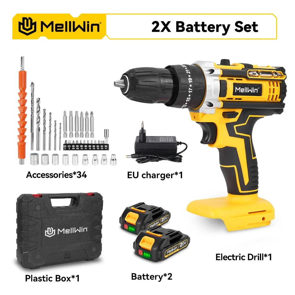 Trapano a Percussione Elettrico MELLWIN Cordless 25+3 Coppie – Kit Cacciavite Multiuso | Compatibile Batteria Makita 18V