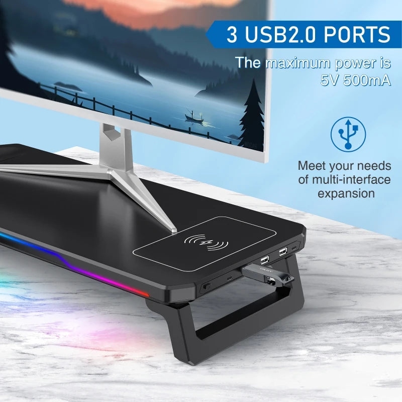 Supporto Monitor con Ricarica Wireless e Luce RGB – Docking Station Multifunzionale Pieghevole per Ufficio e Scrivania