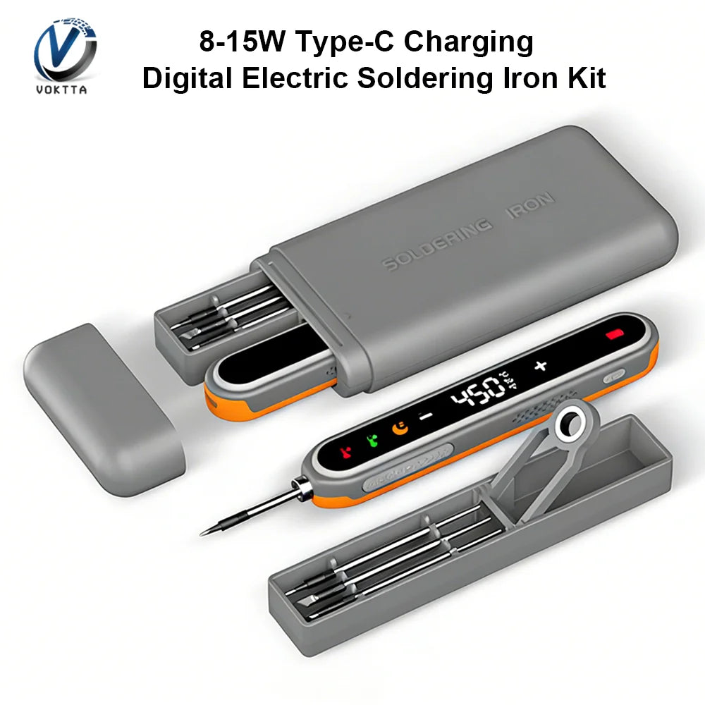 Saldatore Elettrico Digitale USB Type-C 8-15W – Temperatura Regolabile 180-450°C, Riscaldamento Rapido, Kit Mini Portatile