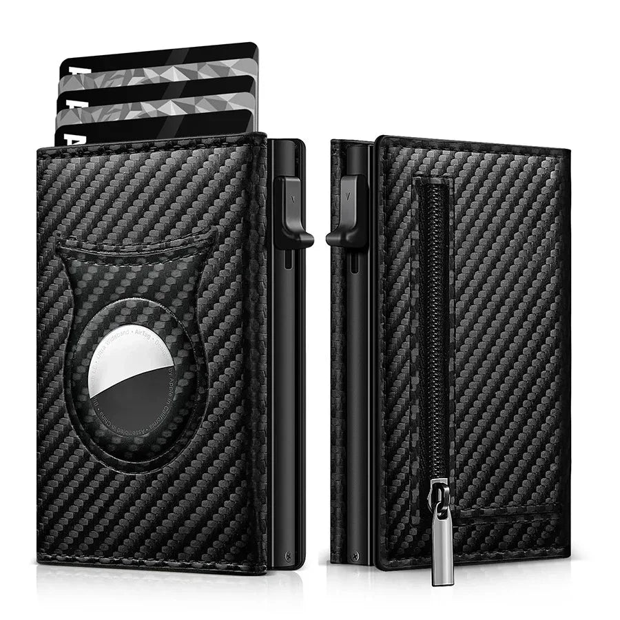Portafoglio Uomo in Fibra di Carbonio – RFID, Clip Magnetica, Tripla Piega, Tasca Zip, Compatibile AirTag