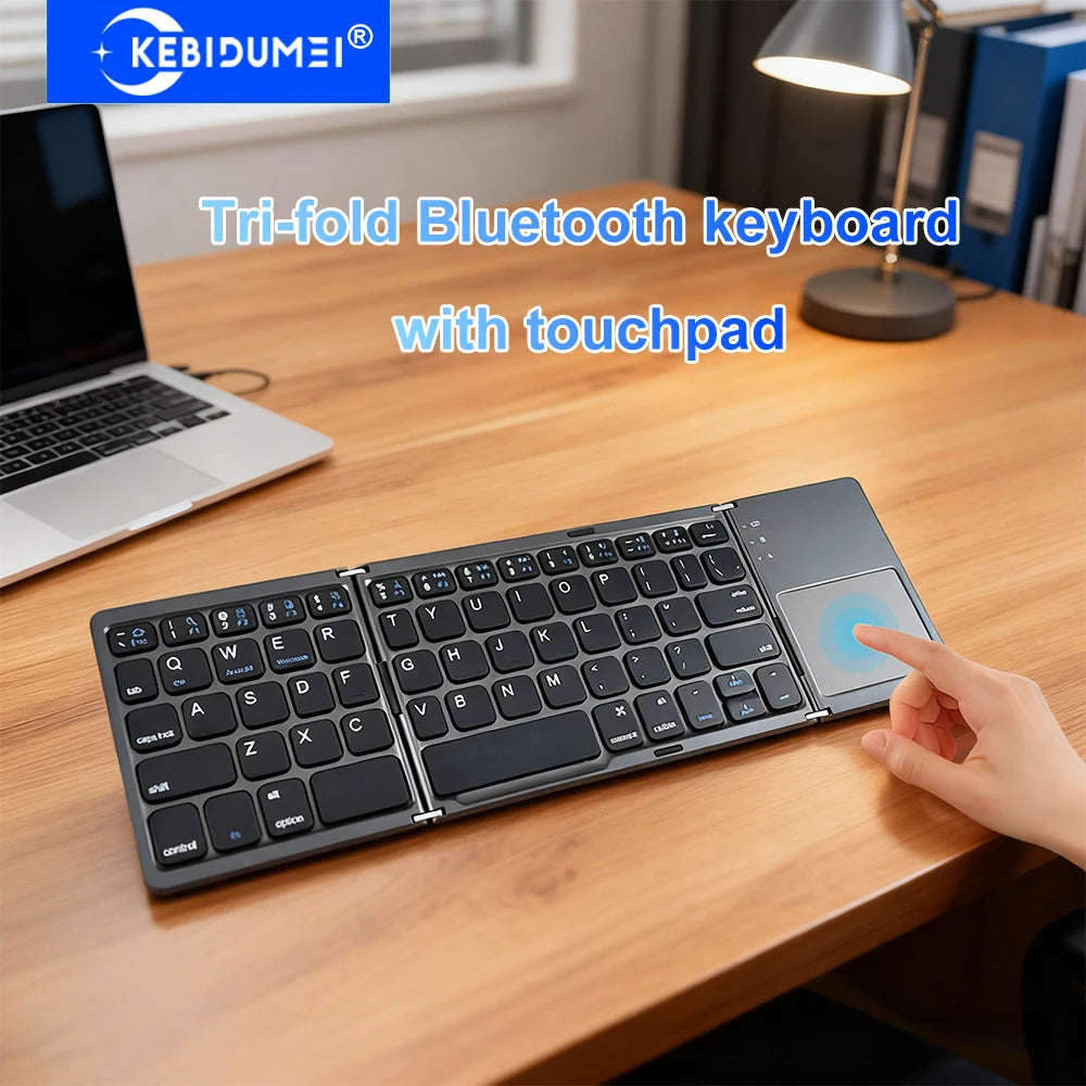 Tastiera Bluetooth Pieghevole Tri-fold con Touchpad – Mini, Ricaricabile, Wireless per Windows Android iOS