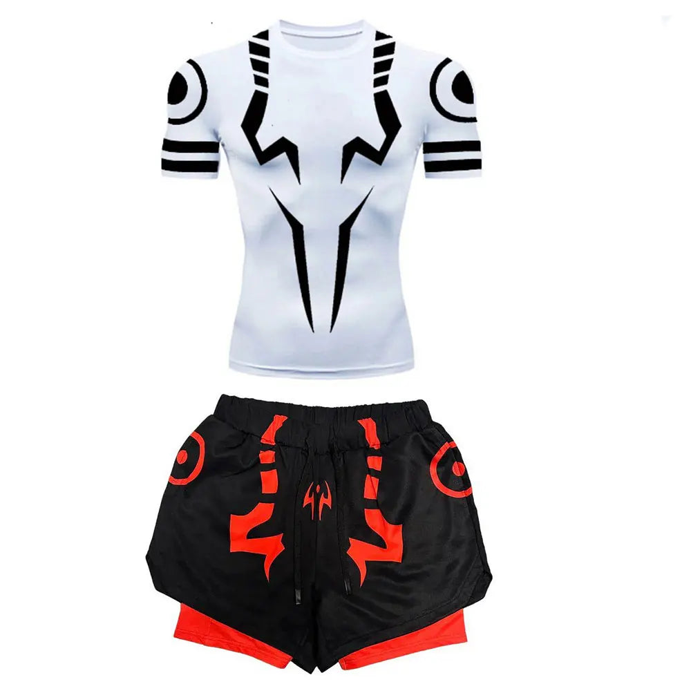 Set Compressione Anime Jujutsu Kaisen – Maglia 3D + Shorts da Palestra, Asciugatura Rapida, per Uomo