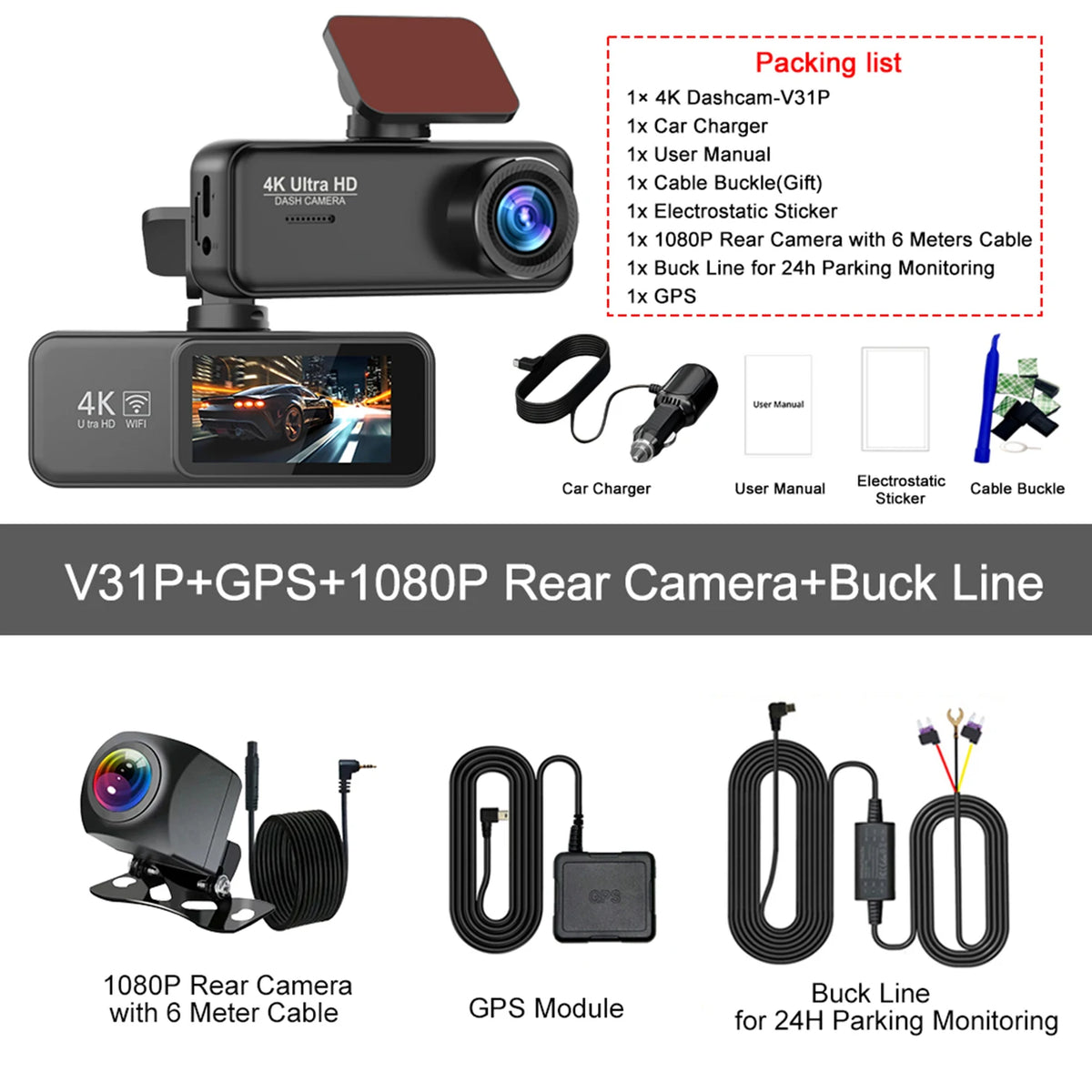 Dashcam Kocam 4K Doppia Telecamera Anteriore e Posteriore con Monitoraggio Parcheggio 24H, Visione Notturna e GPS