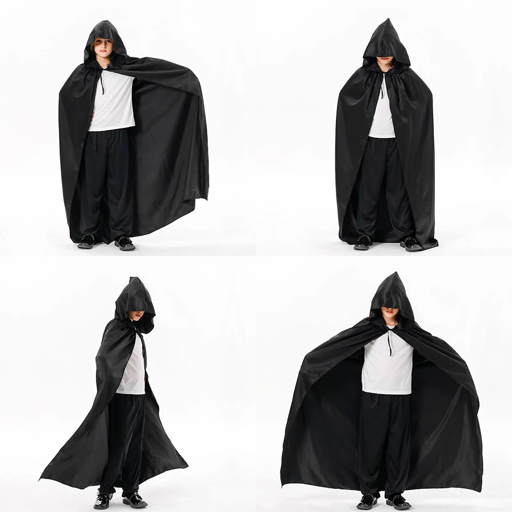 Mantello nero con cappuccio per Halloween e cosplay