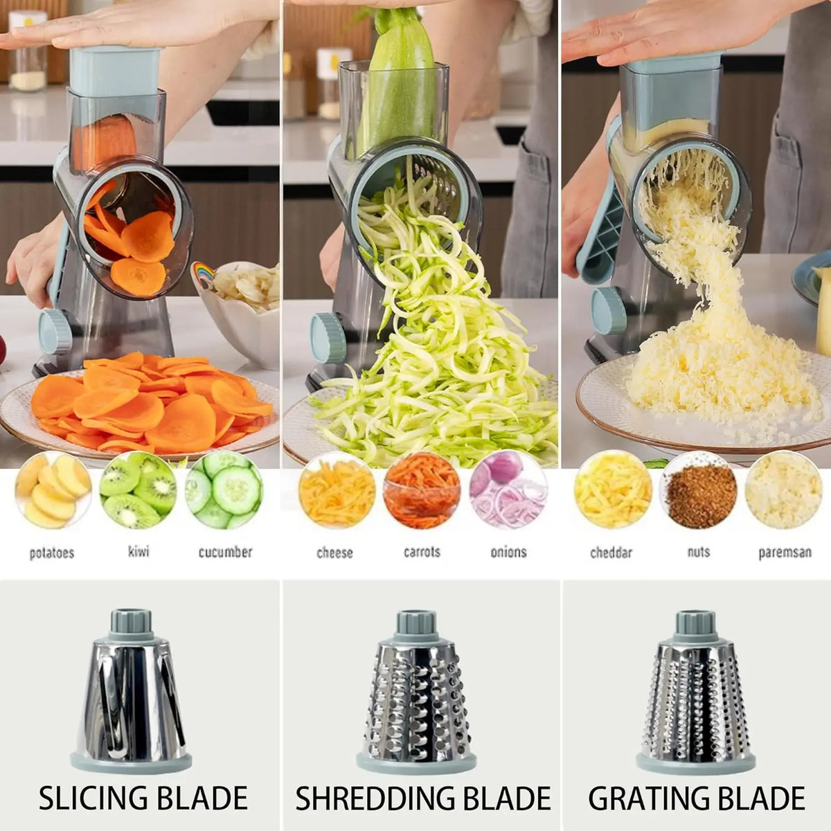 Grattugia a Manovella per Formaggio e Affettaverdure 3 in 1 – Tritacarne Multifunzione con Lame Intercambiabili