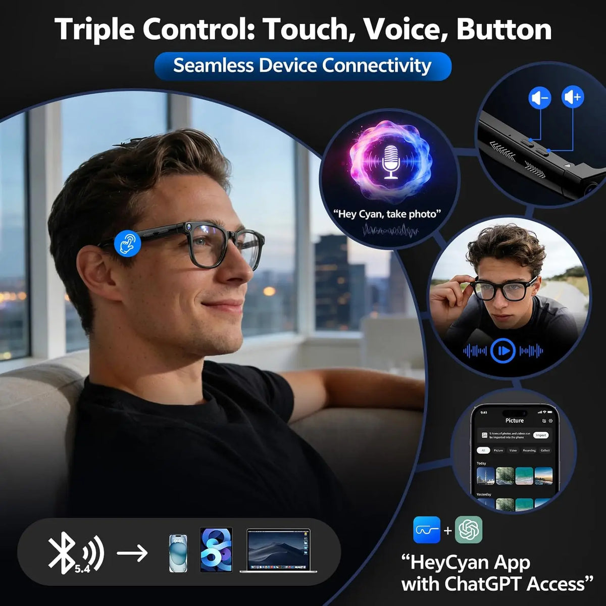 Occhiali Smart GUHUAVMI 4K 8MP – Camera HD, Traduzione 150+ Lingue, ChatGPT, WiFi, Bluetooth 5.3 | Uomo e Donna