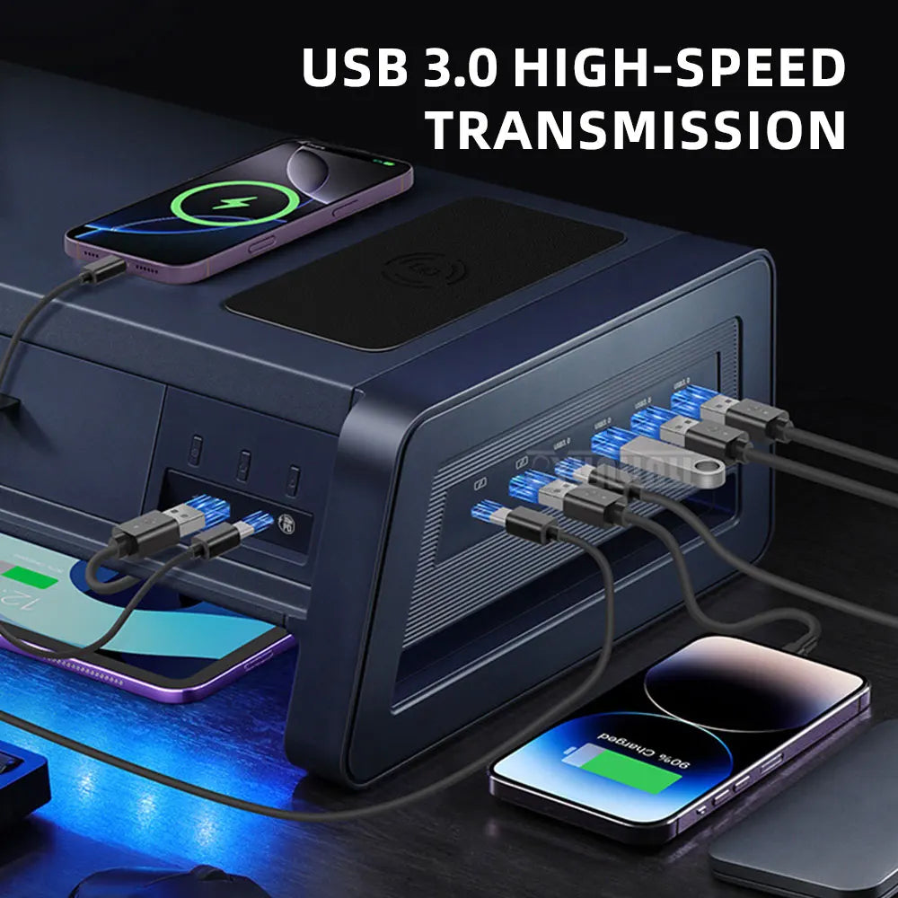 Supporto Monitor USB con Cassetto – Docking Station Multifunzionale per Ufficio, Desktop e Porta Telefono