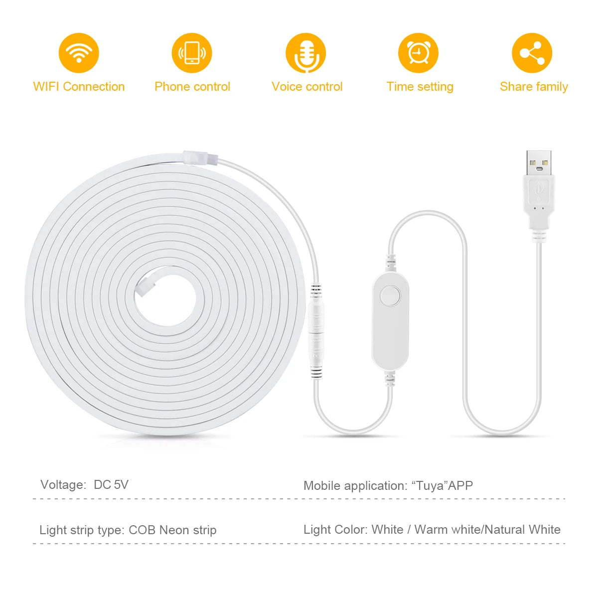 Striscia LED Neon COB WiFi Smart Tuya 5V USB – Dimmerabile, Waterproof, Alexa e Google Home