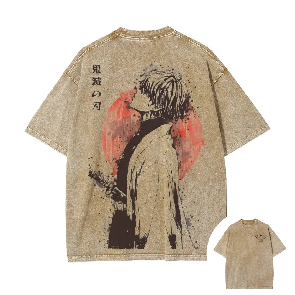 T-Shirt Demon Slayer – Zenitsu Agatsuma Respiro del Tuono | Vintage Washed, Stile Anni '90, Manica Corta Unisex