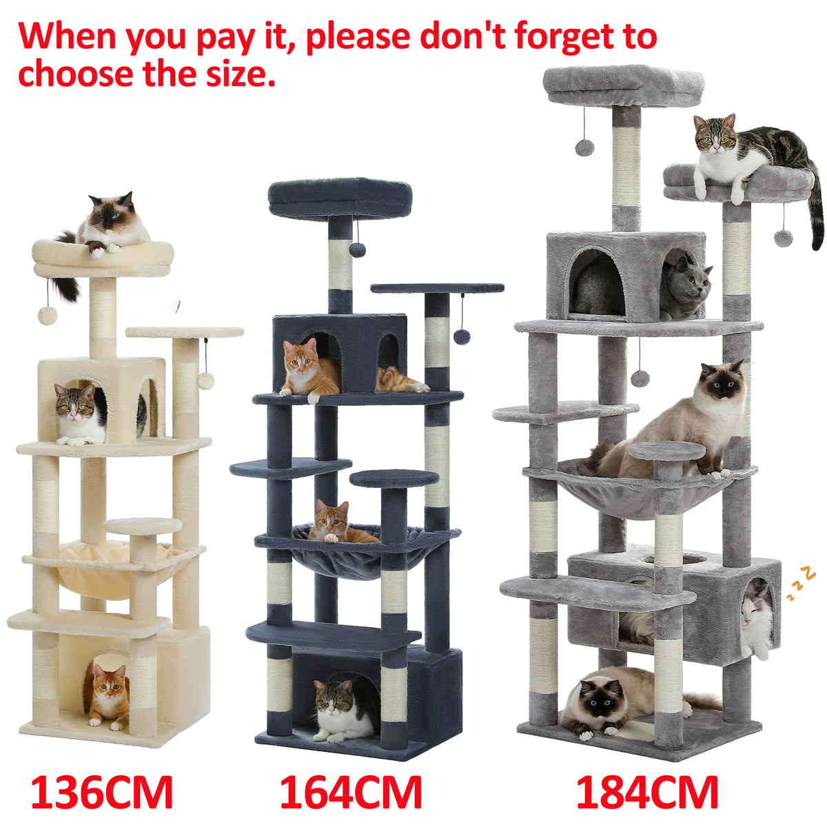 PAWZ Road Albero per Gatti da Interno Grande con Tiragraffi in Sisal, Amaca, Piattaforme e Grotte – 136/164/184 cm