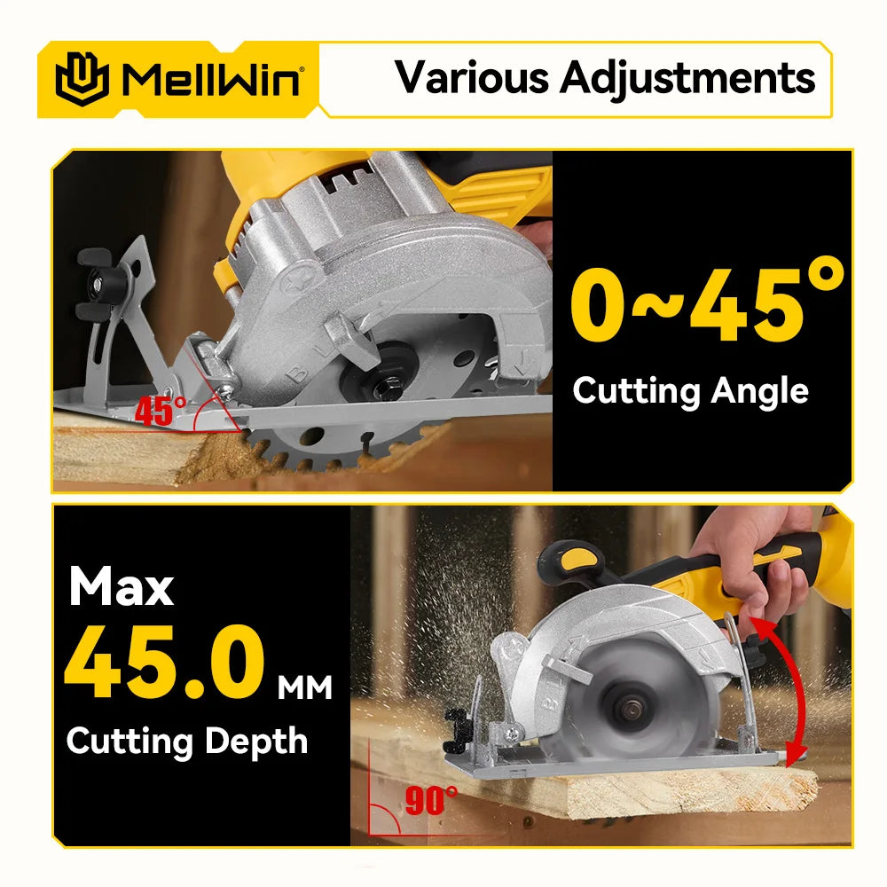 Sega Circolare Elettrica MELLWIN Brushless 125mm 5" – Taglia Legno e Metallo | Compatibile Batteria 18V/21V