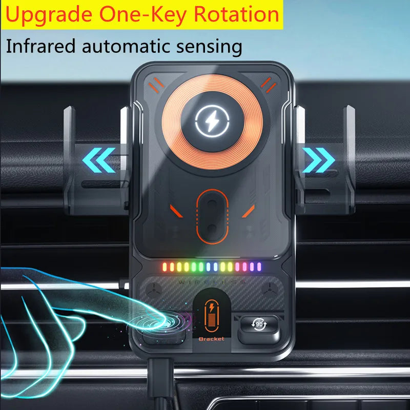 Supporto Universale per Auto con Bocchetta Aria – Apertura Elettrica Rotante, Ricarica Wireless 15W e Doppia Bobina per Smartphone