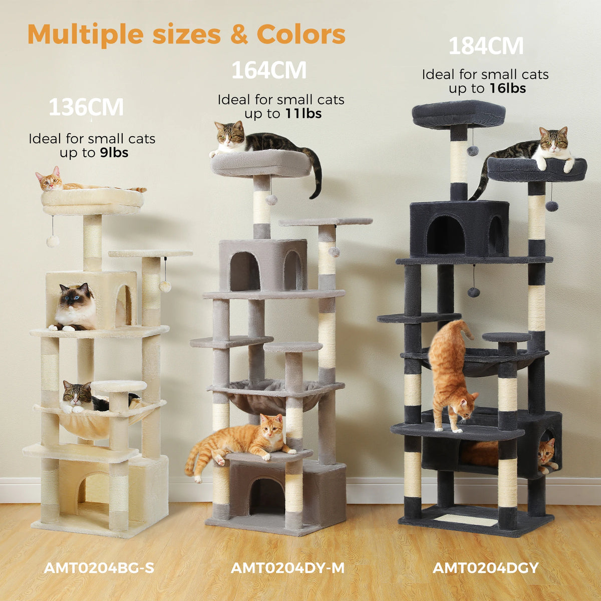 PAWZ Road Albero per Gatti da Interno Grande con Tiragraffi in Sisal, Amaca, Piattaforme e Grotte – 136/164/184 cm