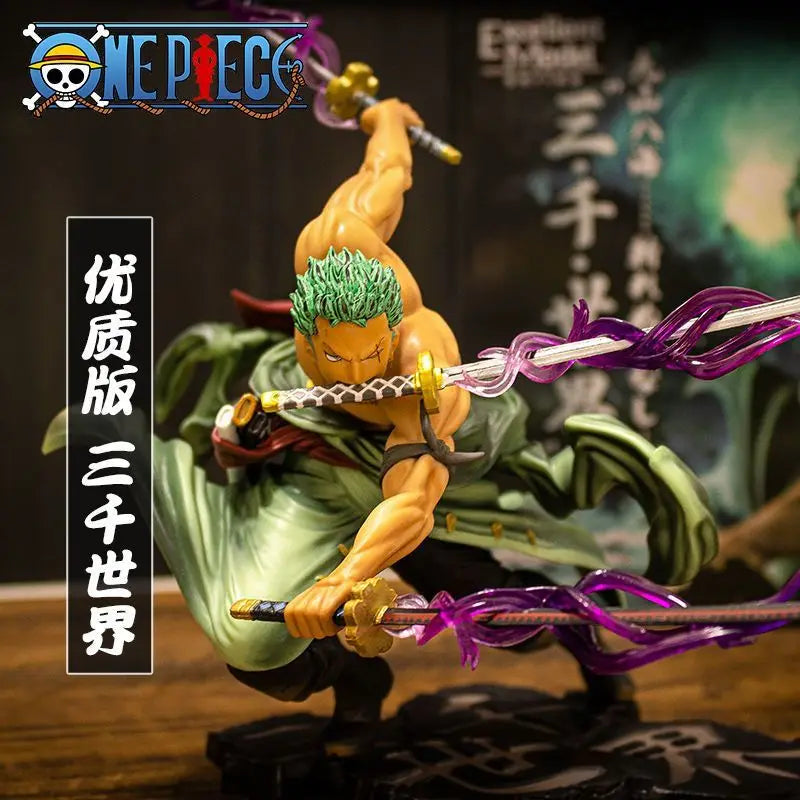Action Figure Roronoa Zoro Stile Tre Spade – One Piece Mille Mondi | Statua da Collezione con Effetti Speciali