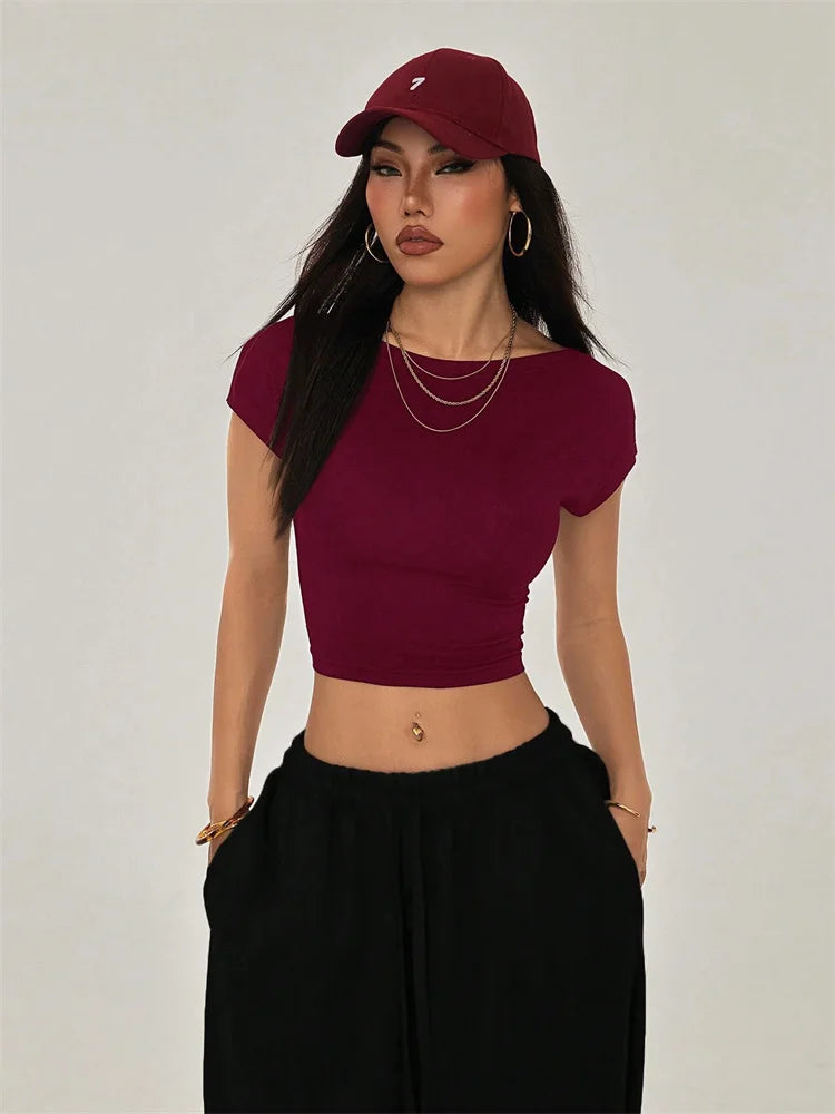 T-Shirt Donna Schiena Scoperta – Crop Top Y2K Streetwear Grunge, Manica Corta, Stile High Street