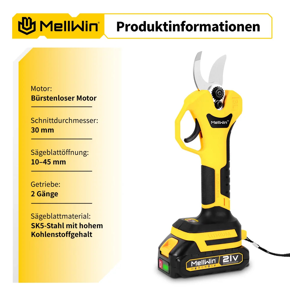 Forbici Elettriche da Potatura MELLWIN Brushless 30mm – Per Giardino, Bonsai e Frutteti | Compatibili Batteria Makita 18V