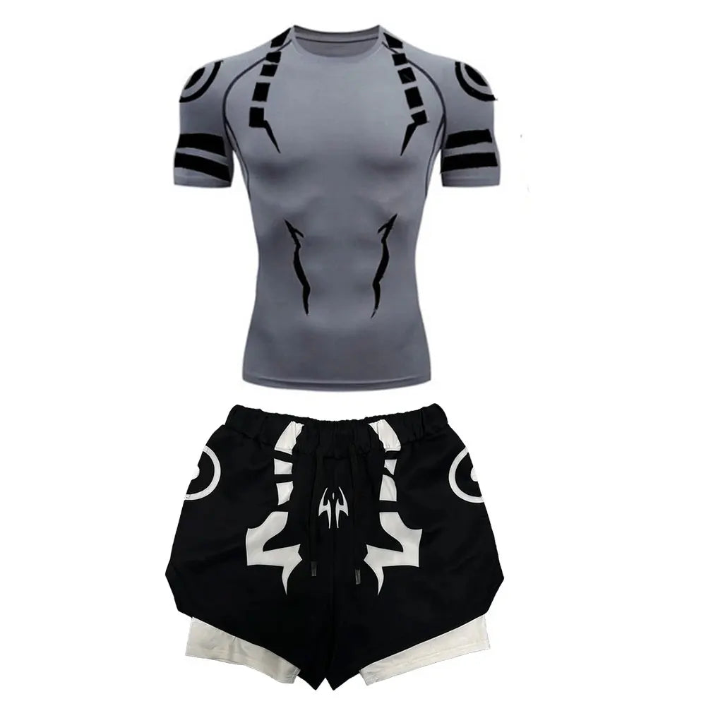 Set Compressione Anime Jujutsu Kaisen – Maglia 3D + Shorts da Palestra, Asciugatura Rapida, per Uomo