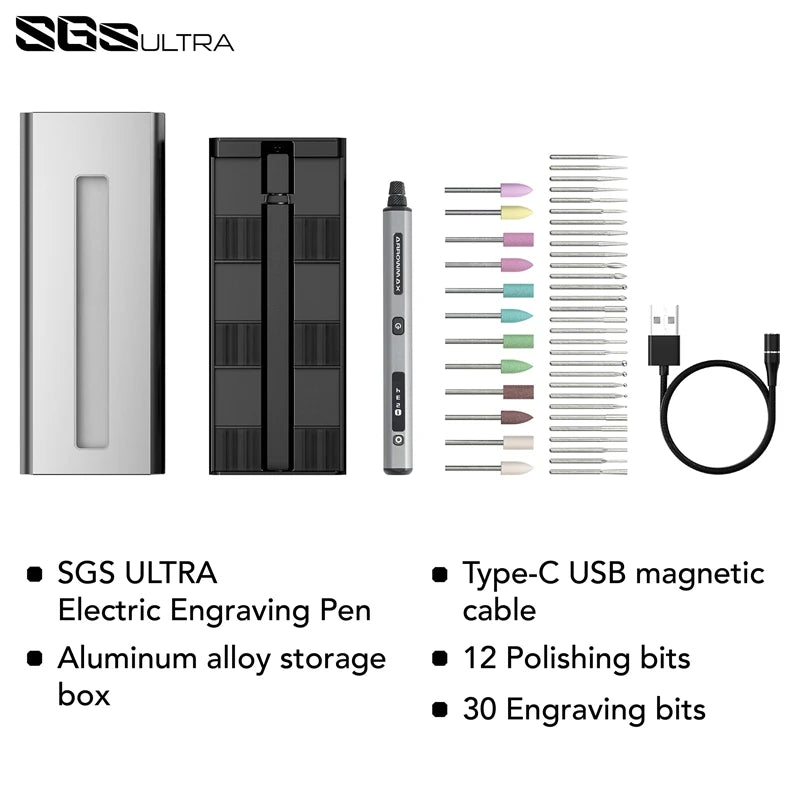 Penna Incisore ARROWMAX SGS – Kit Utensile Rotativo Cordless 30.000 RPM, 42 Punte, Display OLED, Batteria LiPo 500mAh, per Legno, Metallo e Vetro
